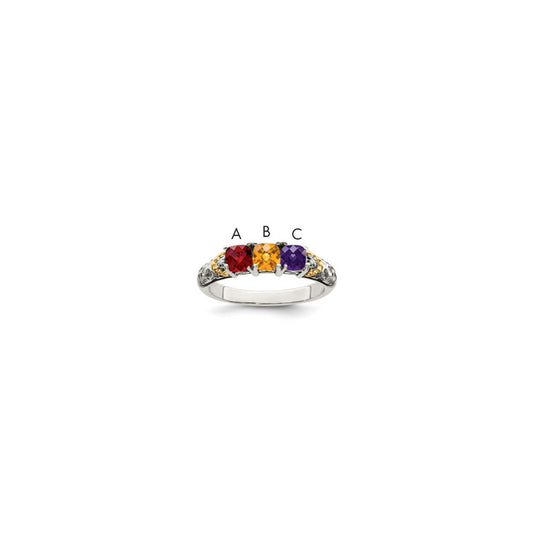 Sterling Silver Antiqued w/14k 3-stone w/Diamond Mother's Ring