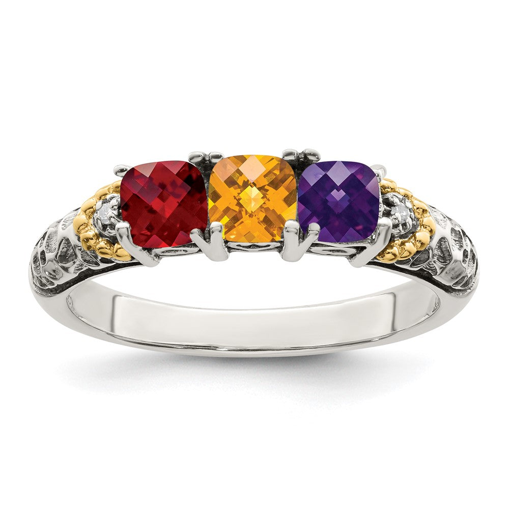 Sterling Silver Antiqued w/14k 3-stone w/Diamond Mother's Ring