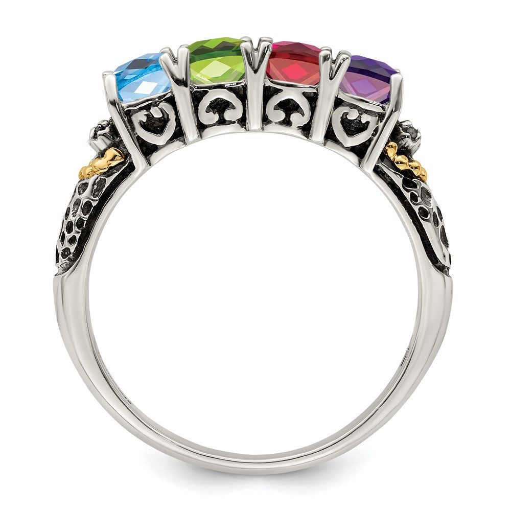 Sterling Silver Antiqued w/14k 4-stone w/Diamond Mother's Ring