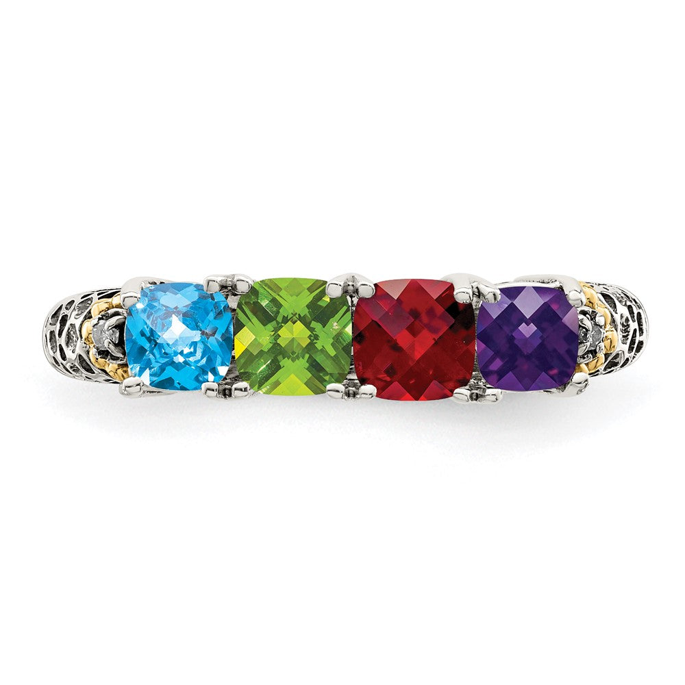 Sterling Silver Antiqued w/14k 4-stone w/Diamond Mother's Ring