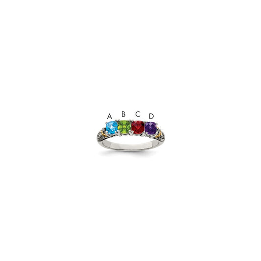 Sterling Silver Antiqued w/14k 4-stone w/Diamond Mother's Ring
