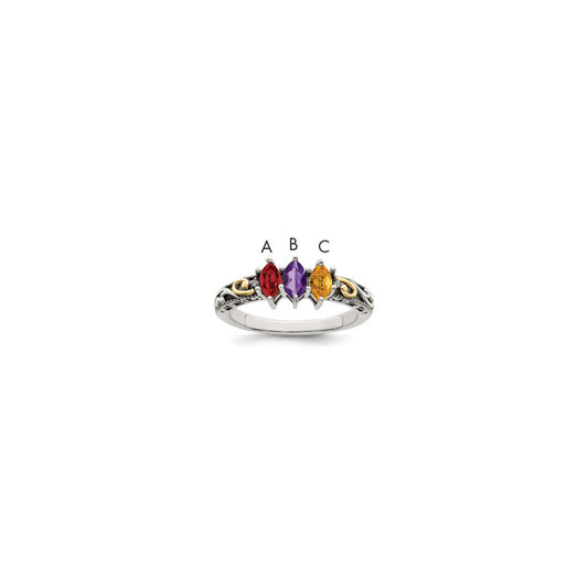 Sterling Silver Antiqued w/14k 3-stone w/Diamond Mother's Ring