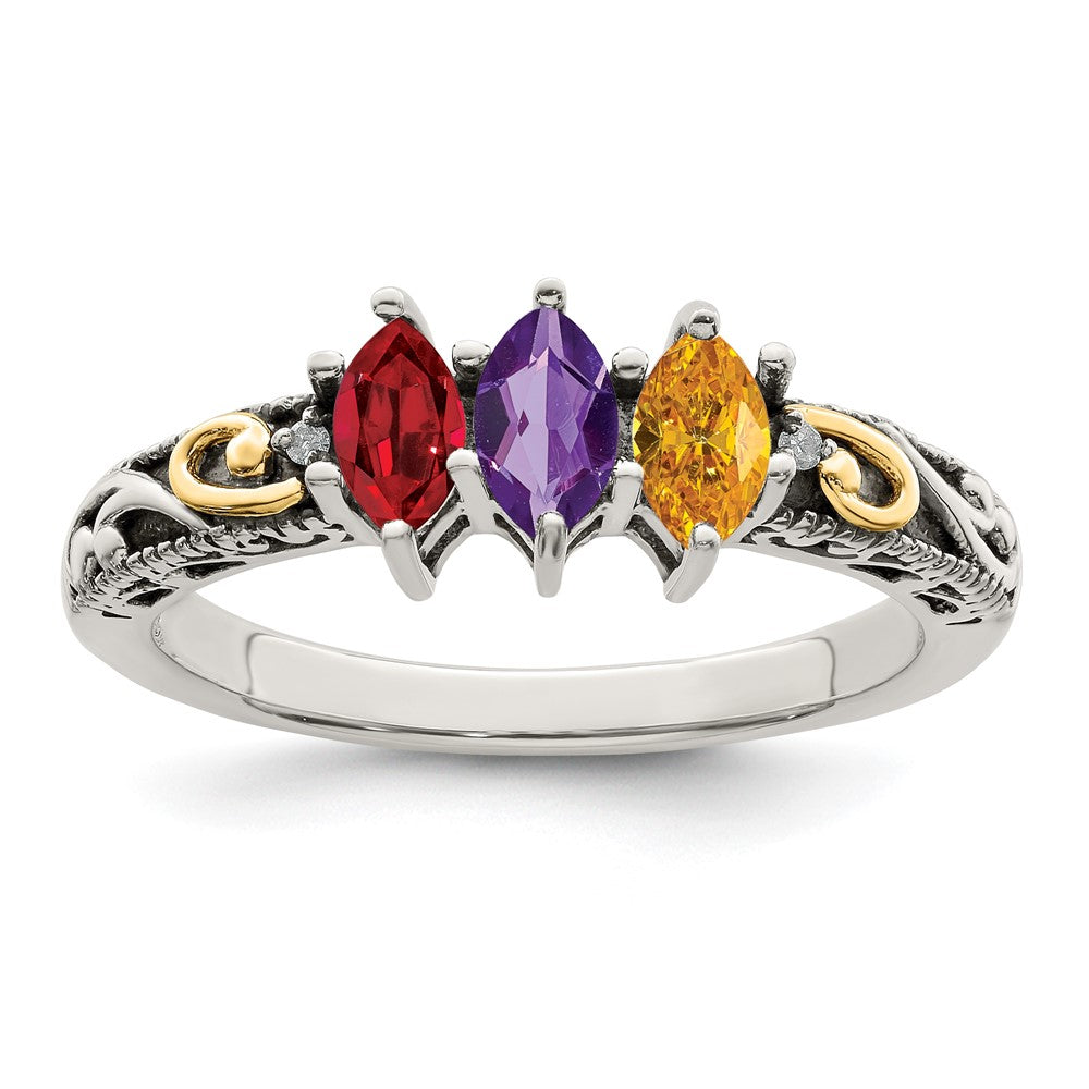 Sterling Silver Antiqued w/14k 3-stone w/Diamond Mother's Ring