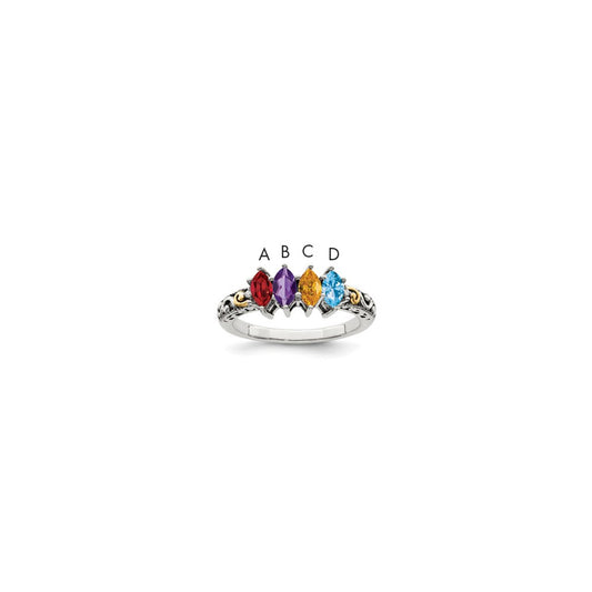 Sterling Silver Antiqued w/14k 4-stone w/Diamond Mother's Ring