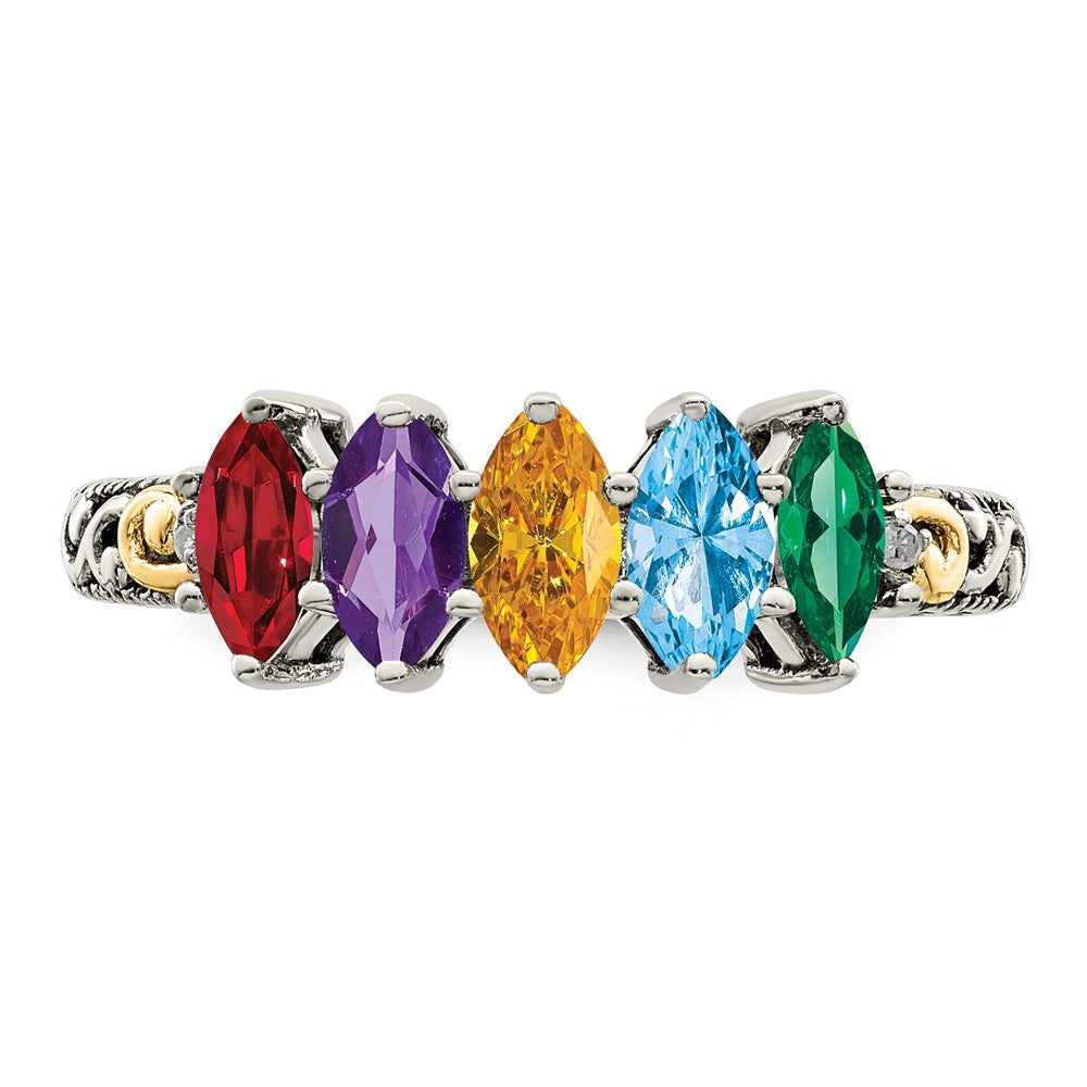 Sterling Silver Antiqued w/14k 5-stone w/Diamond Mother's Ring