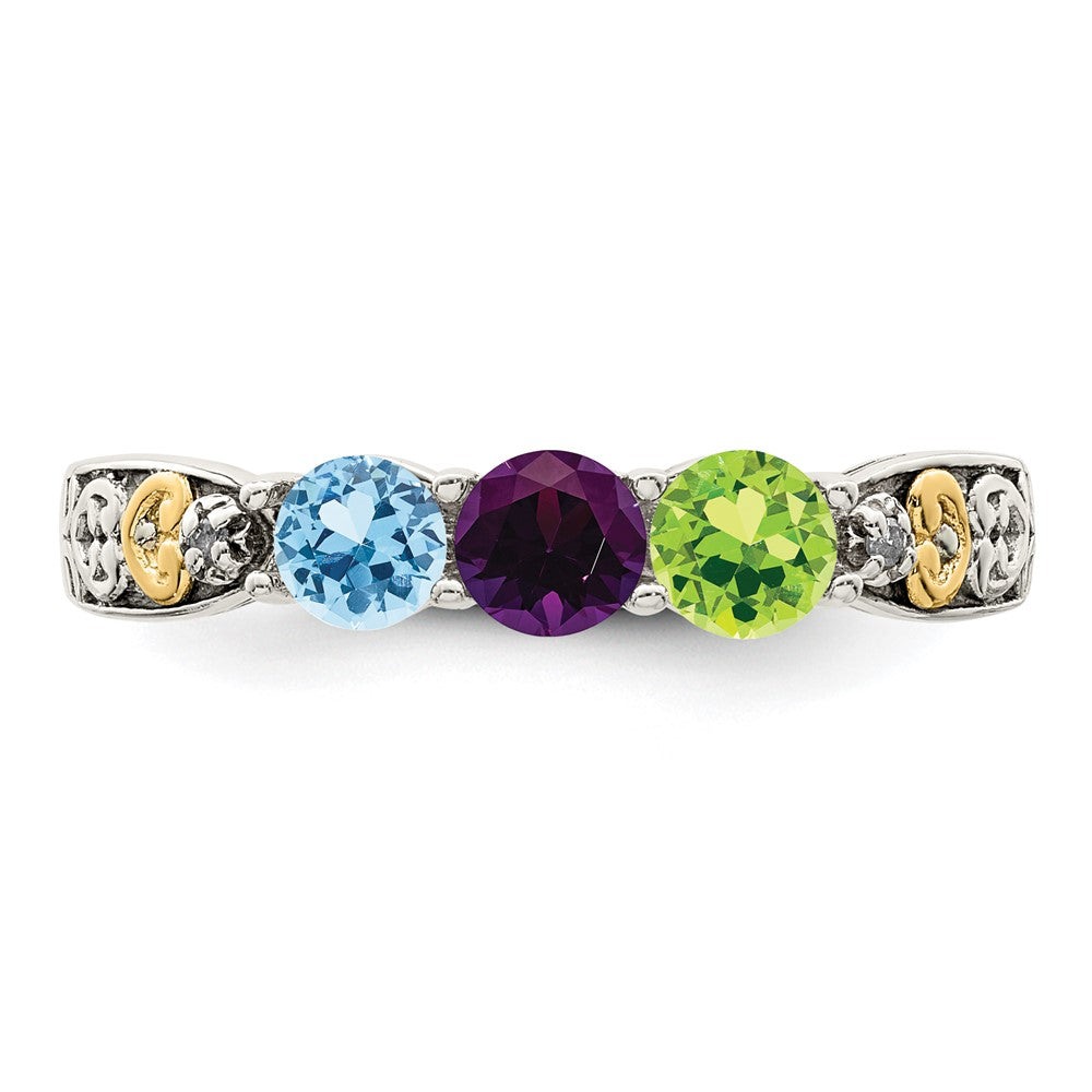 Sterling Silver Antiqued w/14k 3-stone w/Diamond Mother's Ring