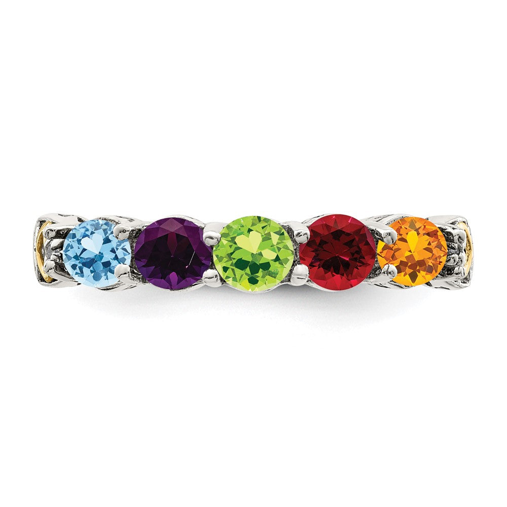 Sterling Silver Antiqued w/14k 5-stone w/Diamond Mother's Ring