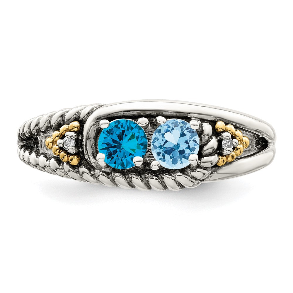 Sterling Silver Antiqued w/14k 2-stone w/Diamond Mother's Ring