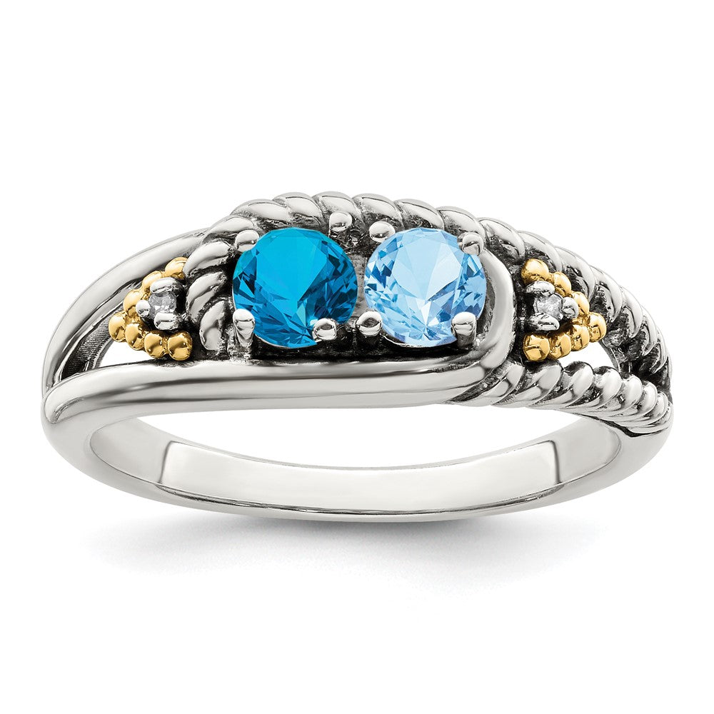 Sterling Silver Antiqued w/14k 2-stone w/Diamond Mother's Ring