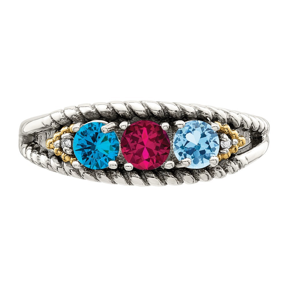 Sterling Silver Antiqued w/14k 3-stone w/Diamond Mother's Ring