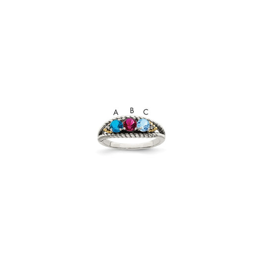 Sterling Silver Antiqued w/14k 3-stone w/Diamond Mother's Ring