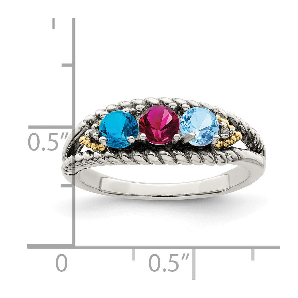 Sterling Silver Antiqued w/14k 3-stone w/Diamond Mother's Ring