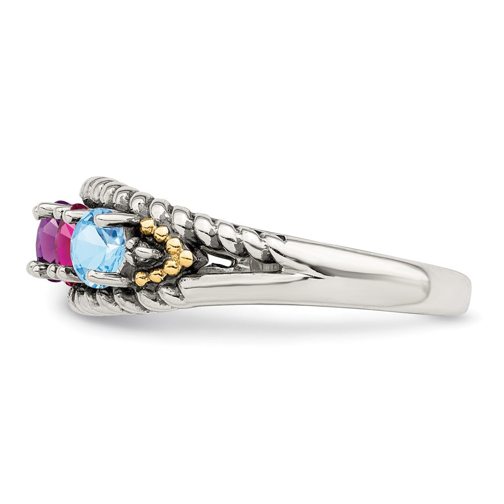 Sterling Silver Antiqued w/14k 4-stone w/Diamond Mother's Ring