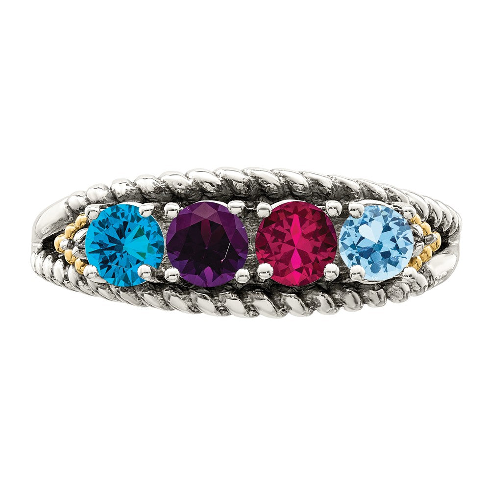 Sterling Silver Antiqued w/14k 4-stone w/Diamond Mother's Ring