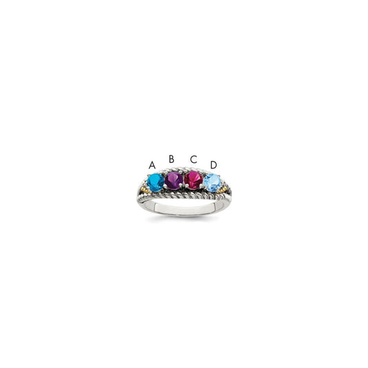 Sterling Silver Antiqued w/14k 4-stone w/Diamond Mother's Ring