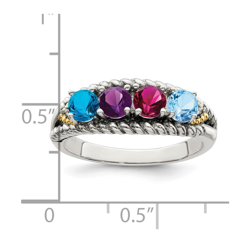 Sterling Silver Antiqued w/14k 4-stone w/Diamond Mother's Ring