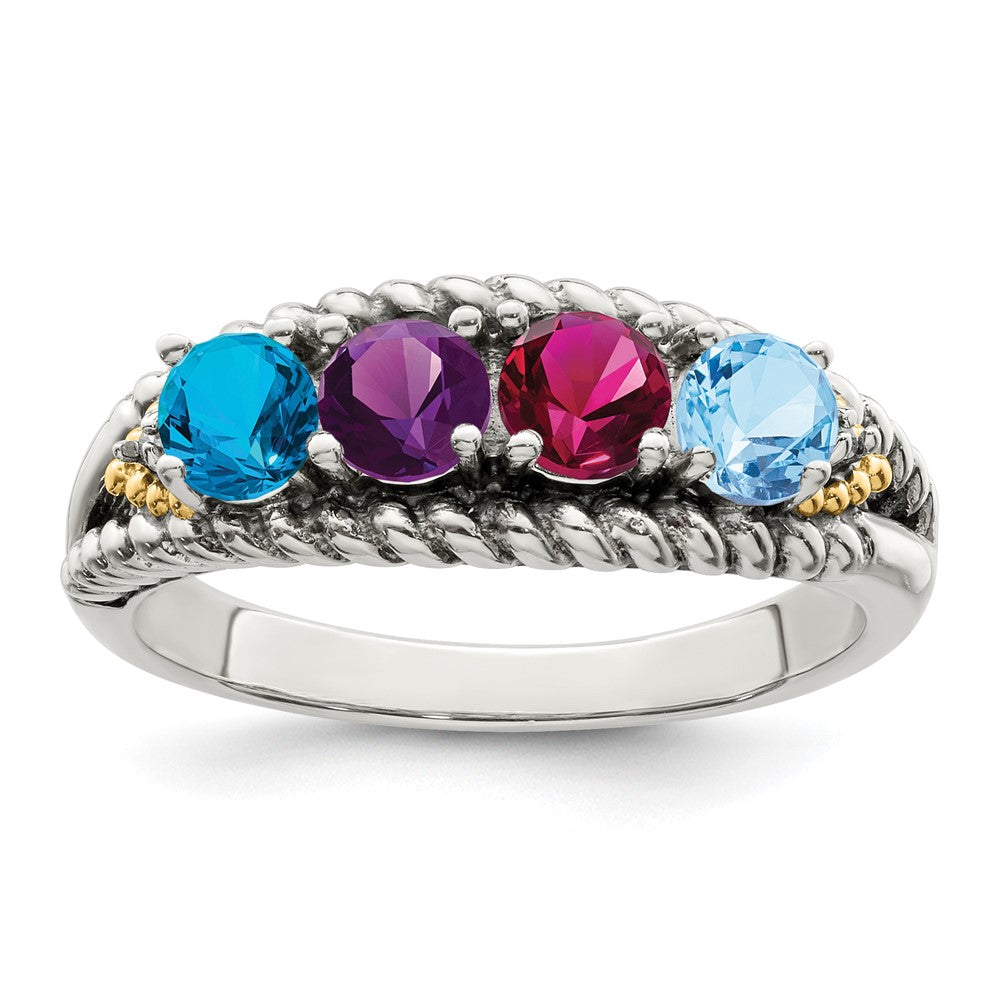 Sterling Silver Antiqued w/14k 4-stone w/Diamond Mother's Ring