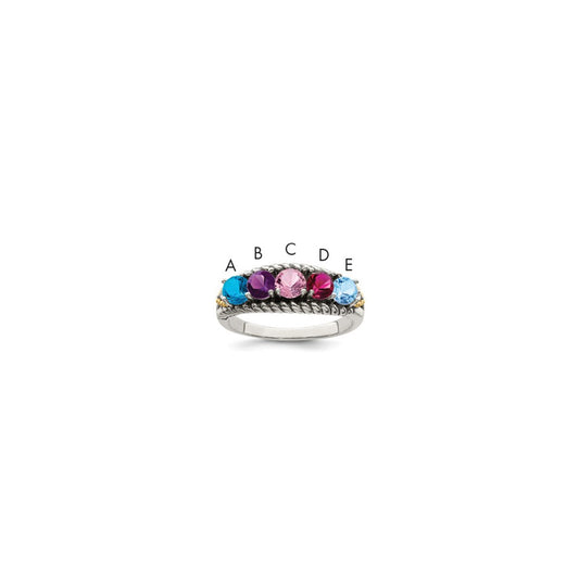 Sterling Silver Antiqued w/14k 5-stone w/Diamond Mother's Ring