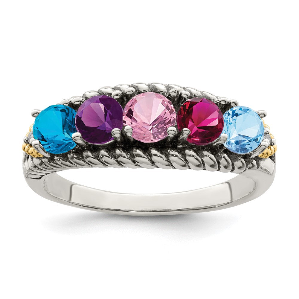 Sterling Silver Antiqued w/14k 5-stone w/Diamond Mother's Ring