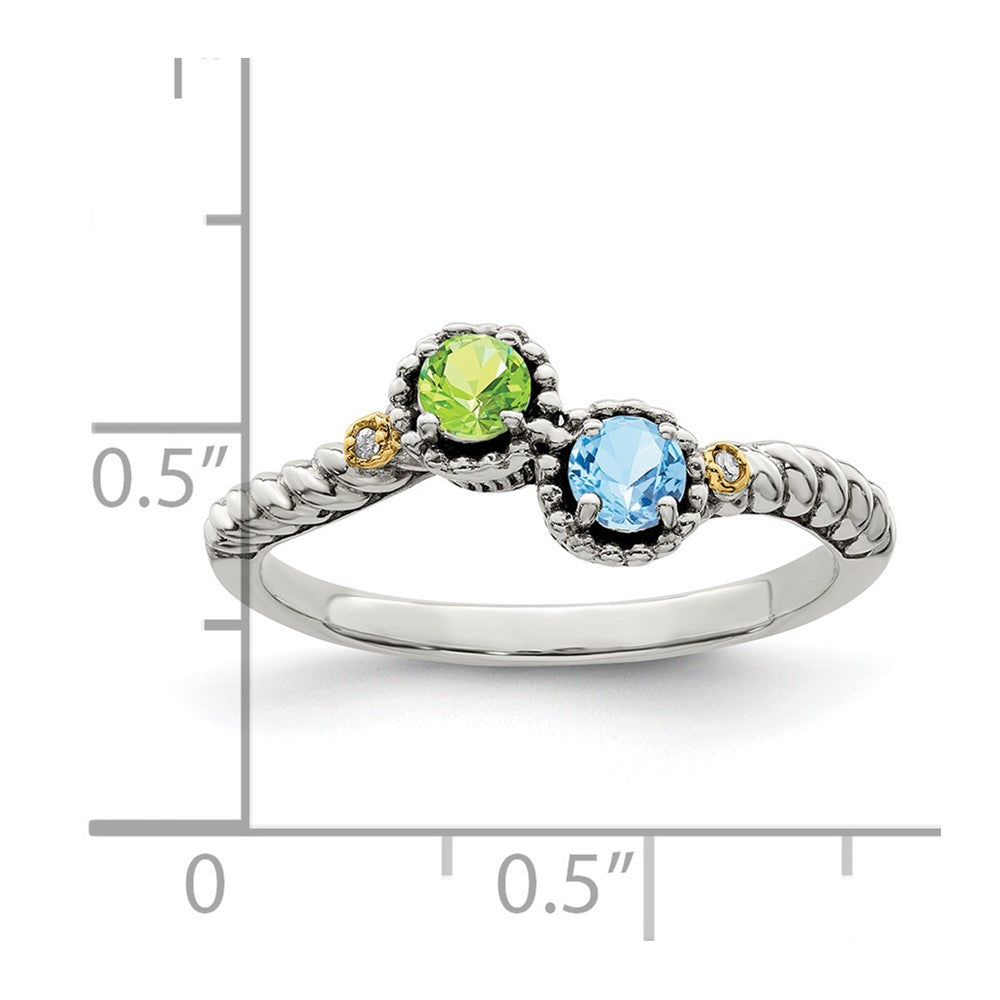 Sterling Silver Antiqued w/14k 2-stone w/Diamond Mother's Ring