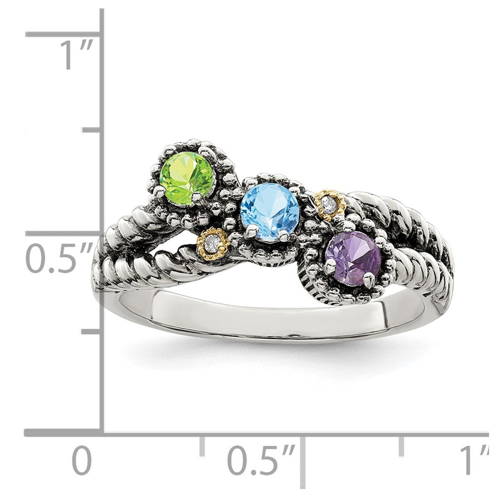 Sterling Silver Antiqued w/14k 3-stone w/Diamond Mother's Ring