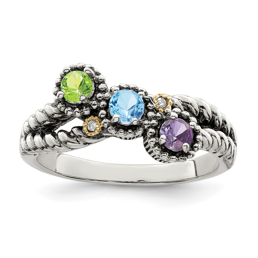 Sterling Silver Antiqued w/14k 3-stone w/Diamond Mother's Ring