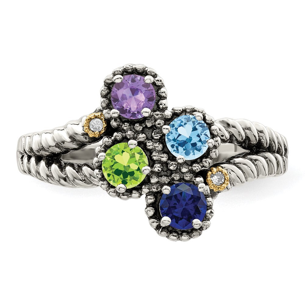 Sterling Silver Antiqued w/14k 4-stone w/Diamond Mother's Ring