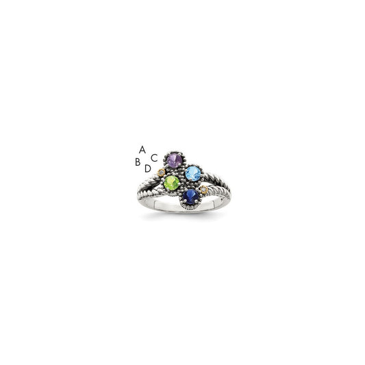 Sterling Silver Antiqued w/14k 4-stone w/Diamond Mother's Ring