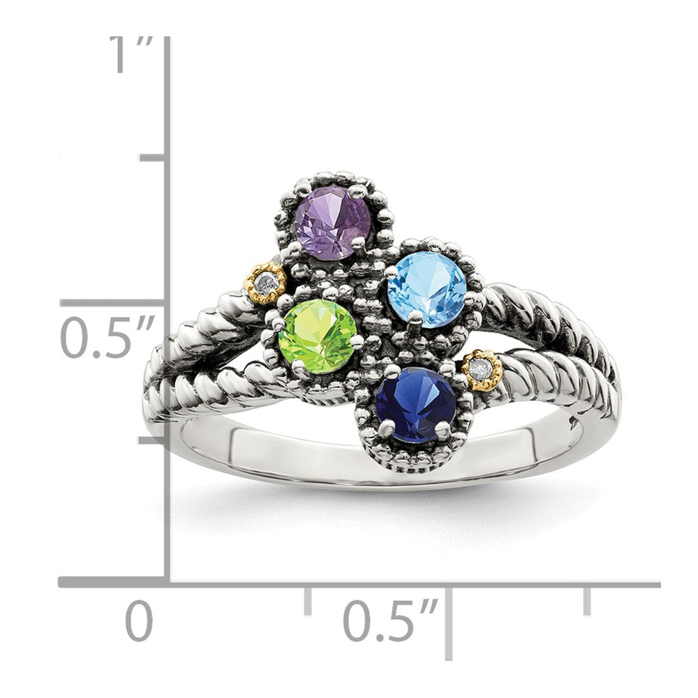 Sterling Silver Antiqued w/14k 4-stone w/Diamond Mother's Ring