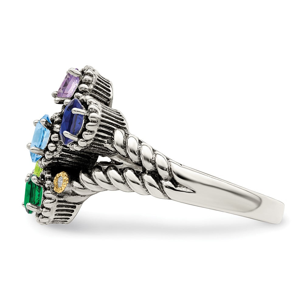 Sterling Silver Antiqued w/14k 5-stone w/Diamond Mother's Ring