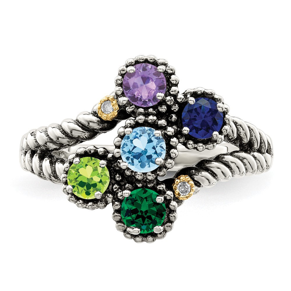 Sterling Silver Antiqued w/14k 5-stone w/Diamond Mother's Ring