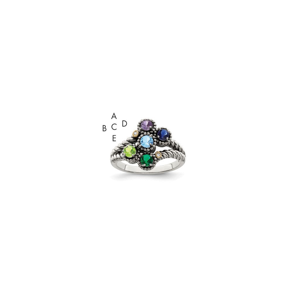 Sterling Silver Antiqued w/14k 5-stone w/Diamond Mother's Ring