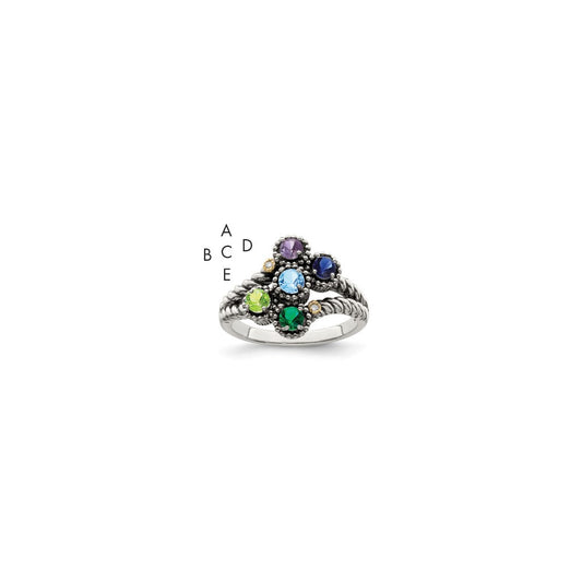 Sterling Silver Antiqued w/14k 5-stone w/Diamond Mother's Ring
