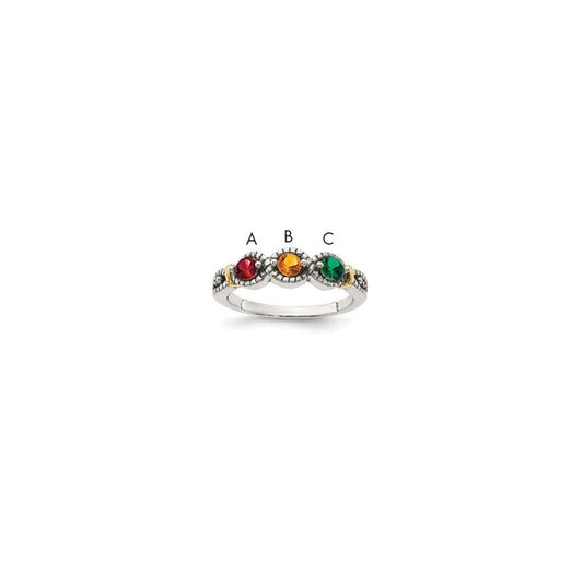 Sterling Silver Antiqued w/14k 3-stone w/Diamond Mother's Ring