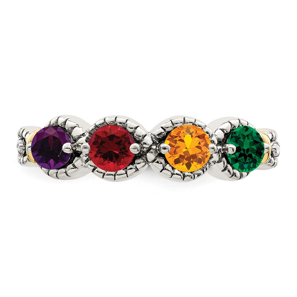 Sterling Silver Antiqued w/14k 4-stone w/Diamond Mother's Ring