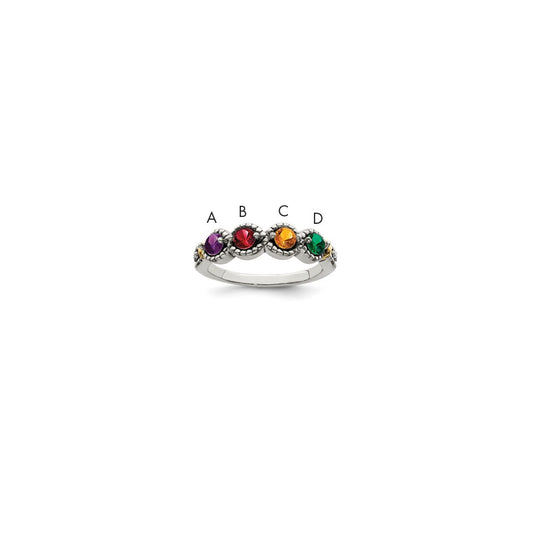 Sterling Silver Antiqued w/14k 4-stone w/Diamond Mother's Ring