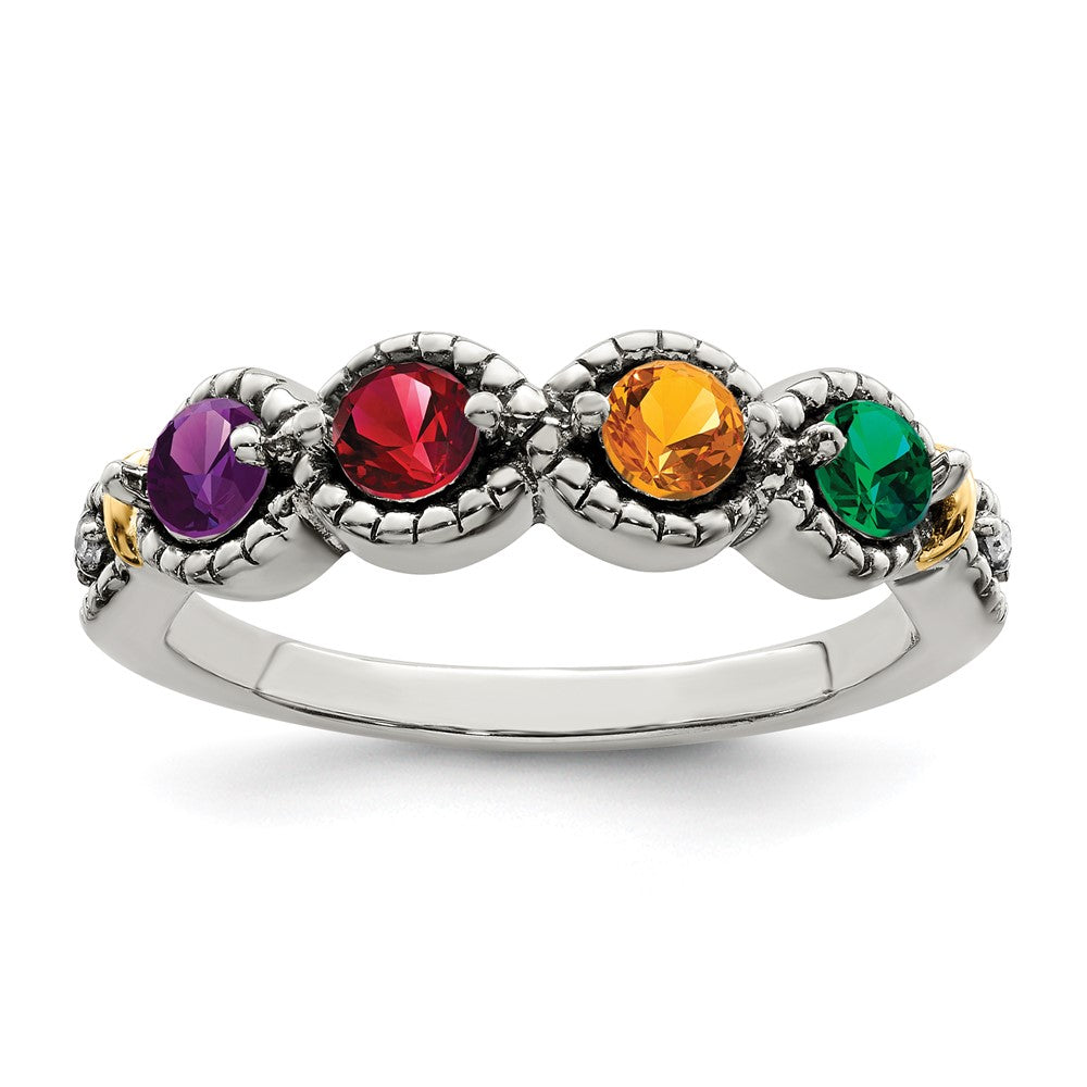 Sterling Silver Antiqued w/14k 4-stone w/Diamond Mother's Ring