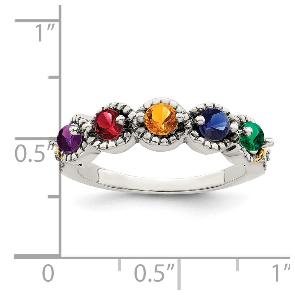 Sterling Silver Antiqued w/14k 5-stone w/Diamond Mother's Ring