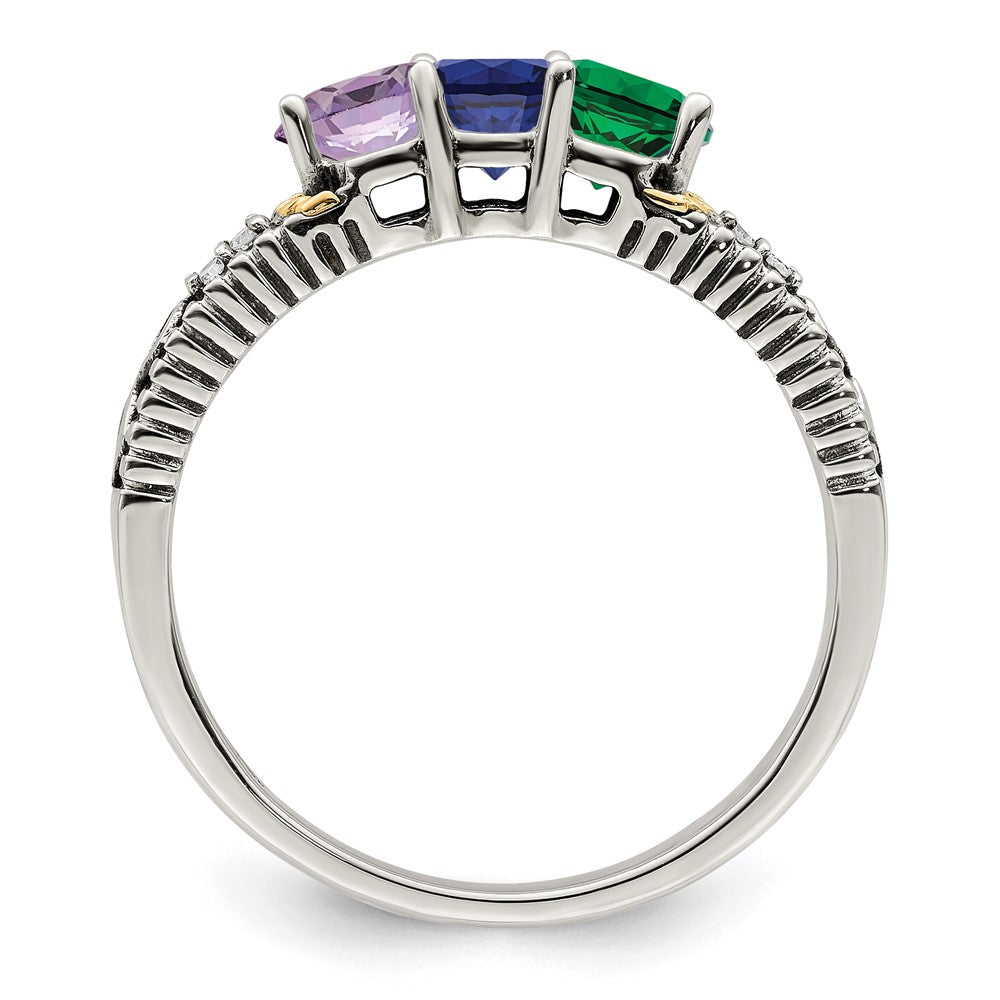 Sterling Silver Antiqued w/14k 3-stone w/Diamond Mother's Ring