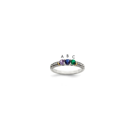 Sterling Silver Antiqued w/14k 3-stone w/Diamond Mother's Ring