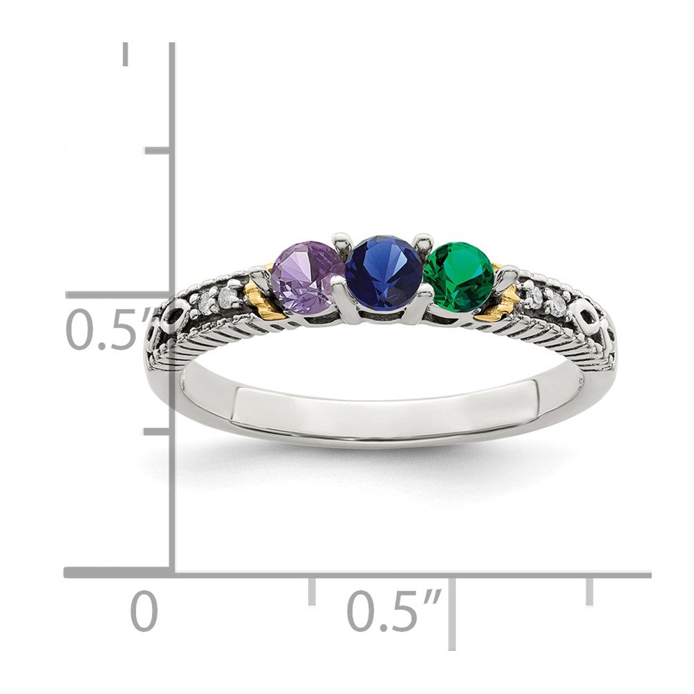 Sterling Silver Antiqued w/14k 3-stone w/Diamond Mother's Ring