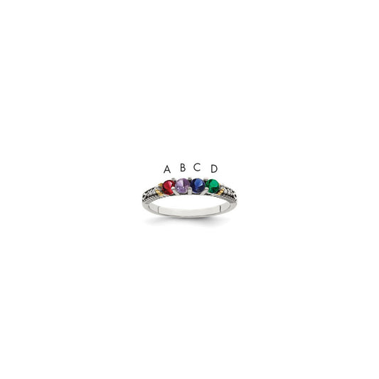 Sterling Silver Antiqued w/14k 4-stone w/Diamond Mother's Ring