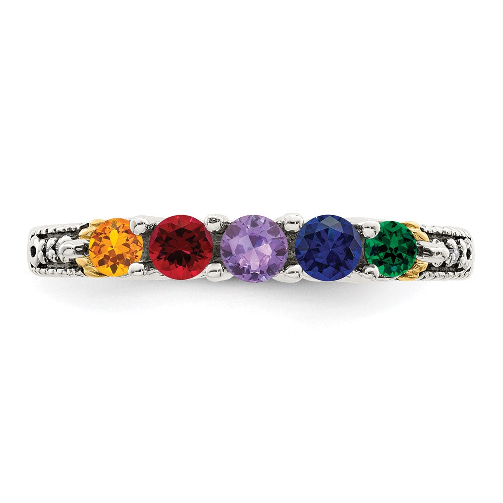 Sterling Silver Antiqued w/14k 5-stone w/Diamond Mother's Ring