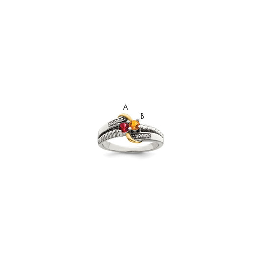 Sterling Silver Antiqued w/14k 2-stone w/Diamond Mother's Ring