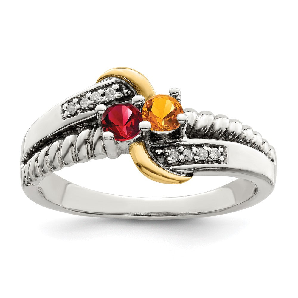 Sterling Silver Antiqued w/14k 2-stone w/Diamond Mother's Ring