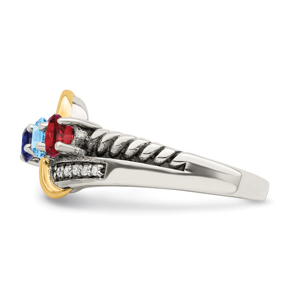 Sterling Silver Antiqued w/14k 3-stone w/Diamond Mother's Ring