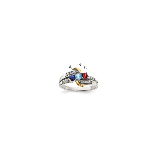 Sterling Silver Antiqued w/14k 3-stone w/Diamond Mother's Ring
