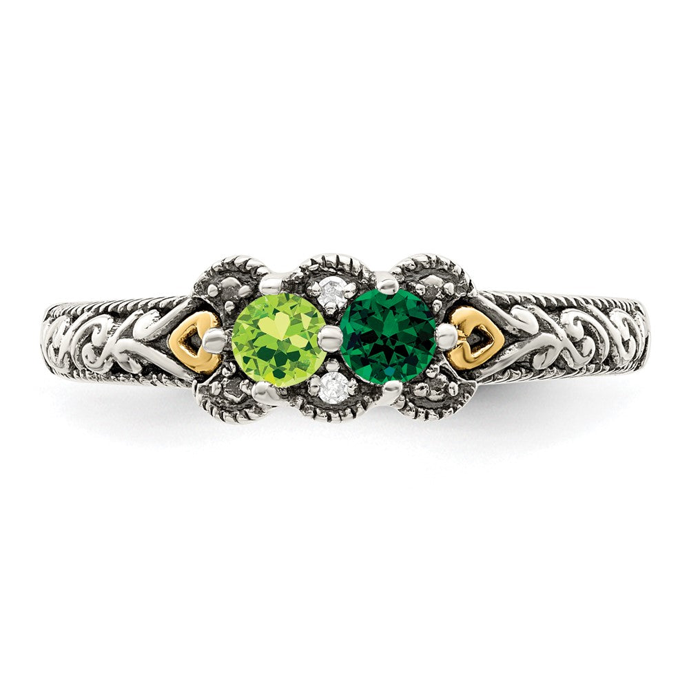 Sterling Silver Antiqued w/14k 2-stone w/Diamond Mother's Ring