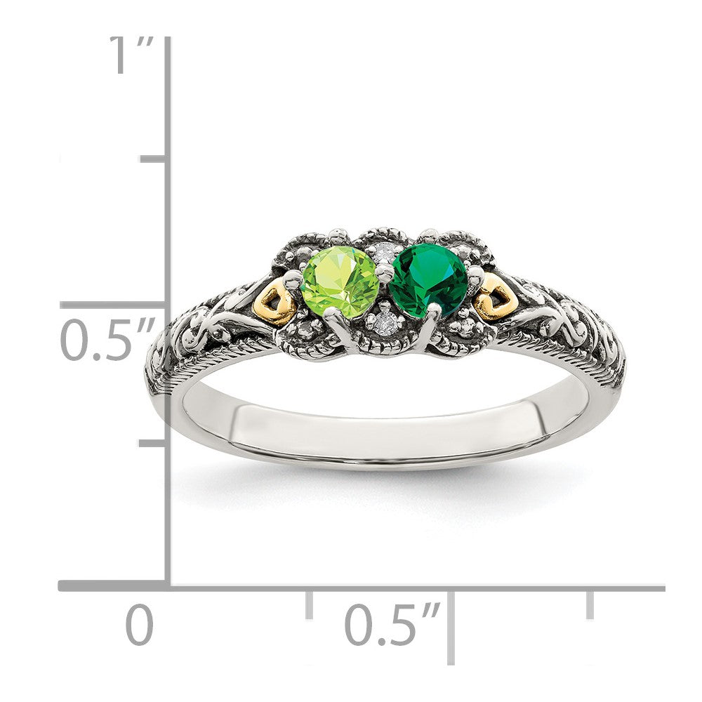 Sterling Silver Antiqued w/14k 2-stone w/Diamond Mother's Ring