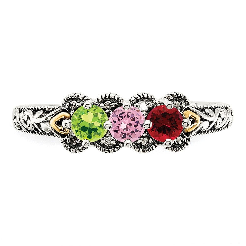 Sterling Silver Antiqued w/14k 3-stone w/Diamond Mother's Ring